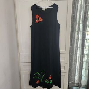 Michael Simon Lite Black Tank Cotton Frogs Embroidered Long Maxi Dress 1X